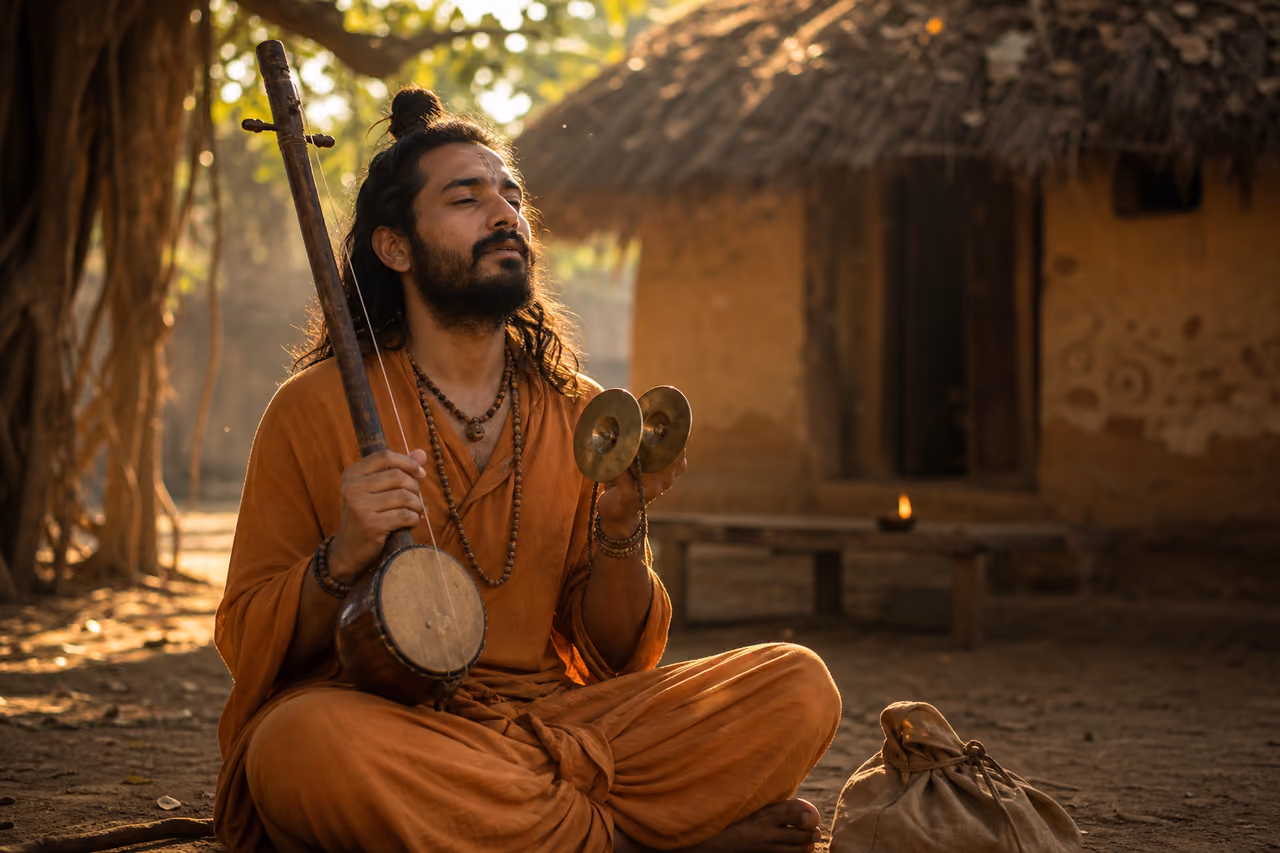 Devotee Narsi Bhagat Playing Ektara in a Rural Village