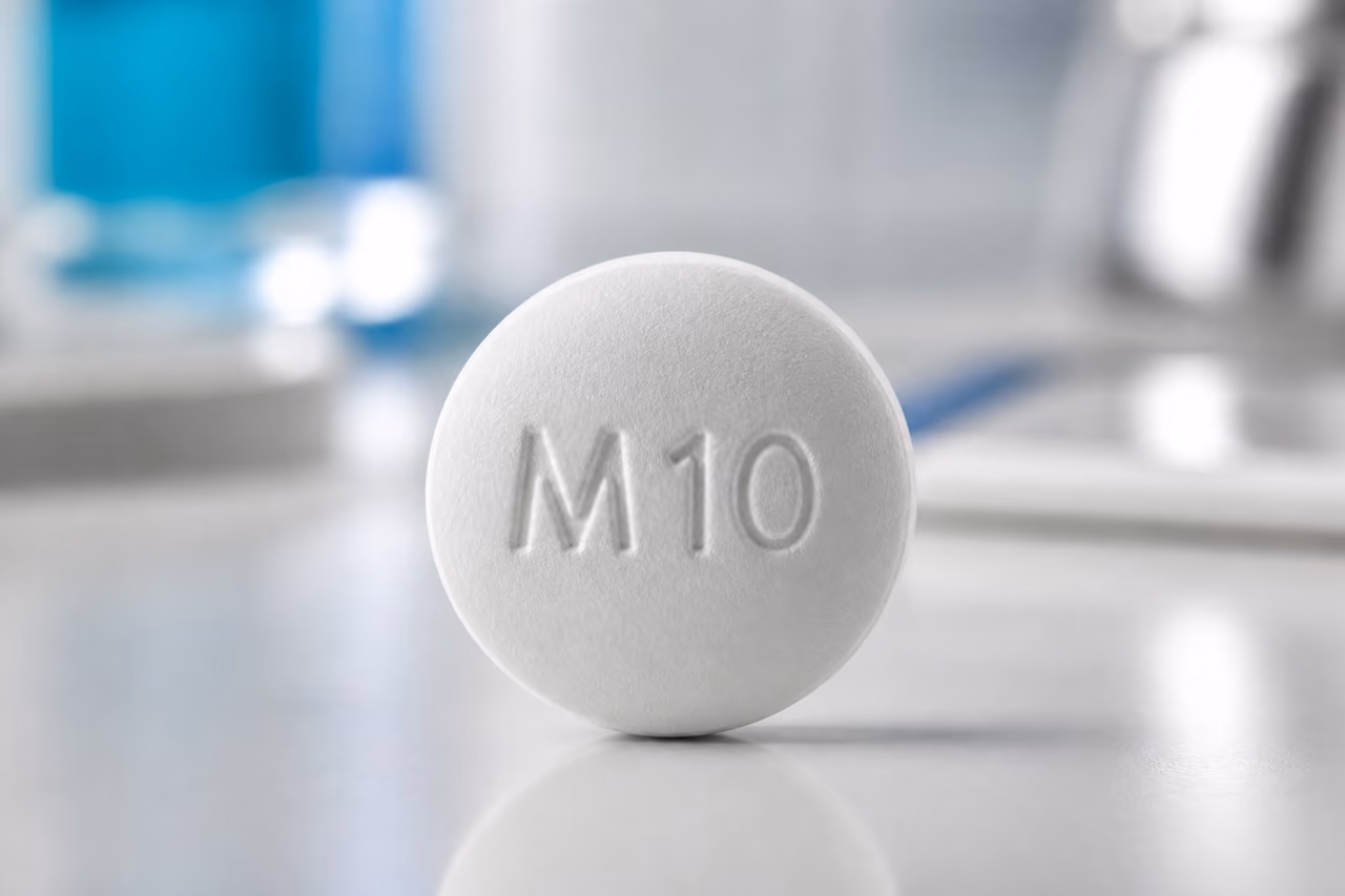 White Round Pill M10 on a Sterile Surface