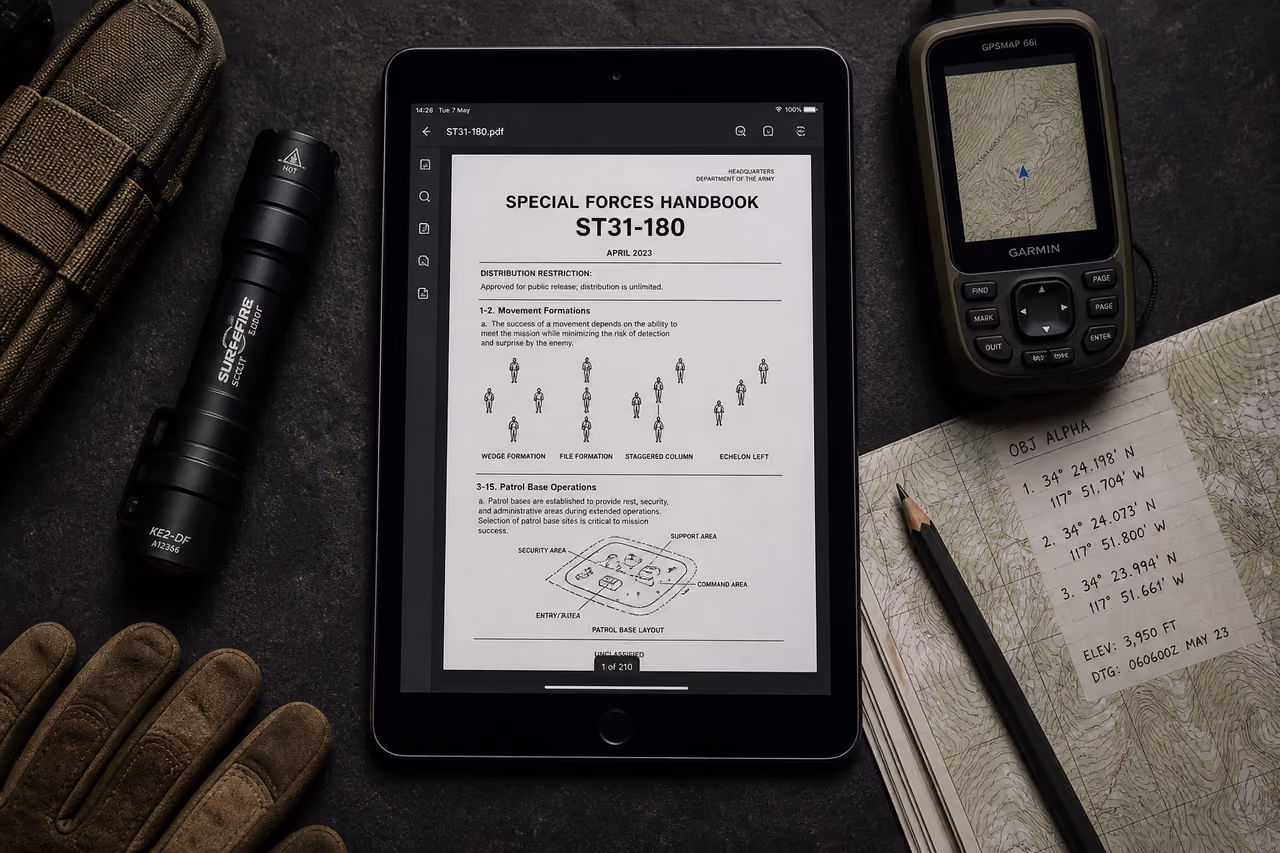 Digital Tablet Displaying Special Forces Handbook St31-180 PDF
