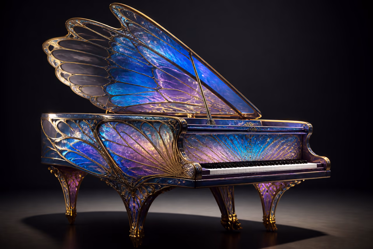 Conceptual Grand Piano with Iridescent Butterfly Wing Body
