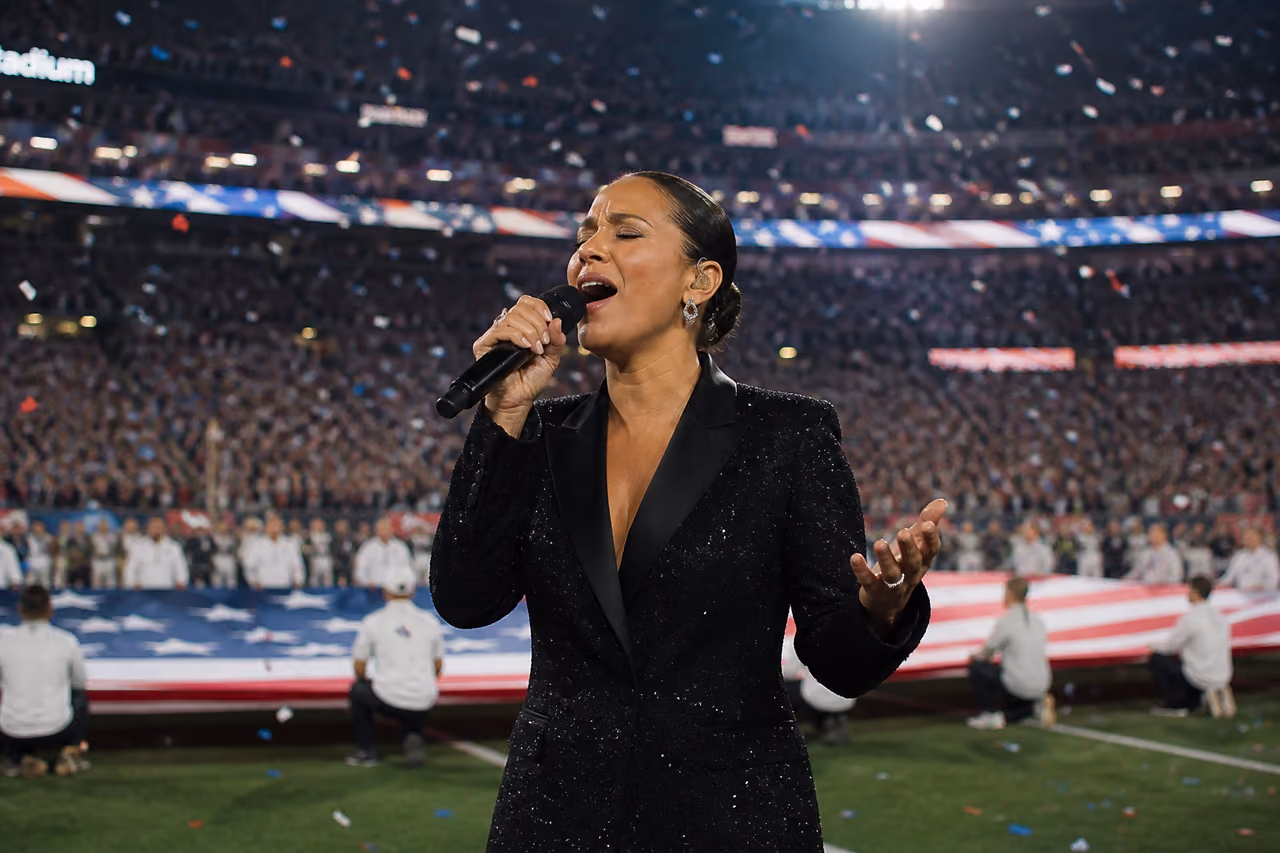 Professional Singer Performing National Anthem in Football Stadium