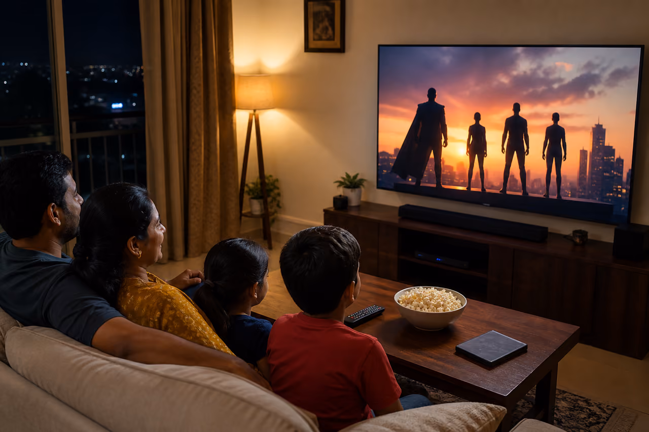 Four Superheroes Standing on a Futuristic City Rooftop