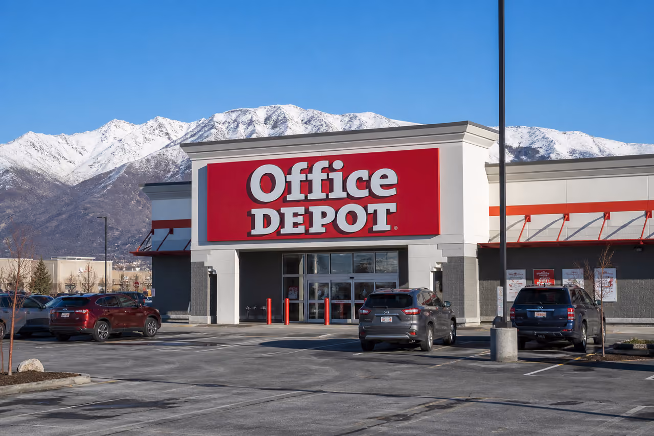 Office Depot Storefront with Snowy Mountains in Anchorage Alaska