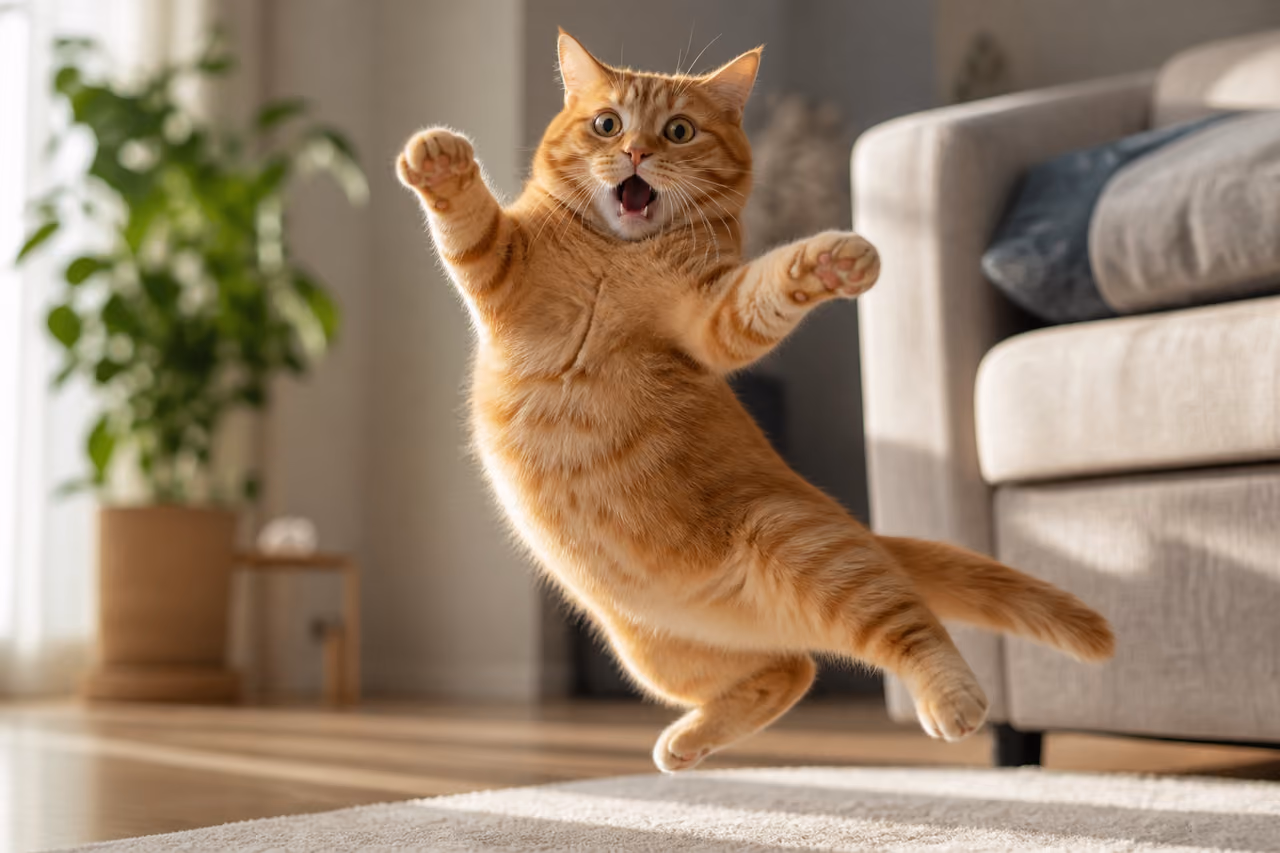 Surprised Ginger Cat Jumping in a Sunlit Living Room