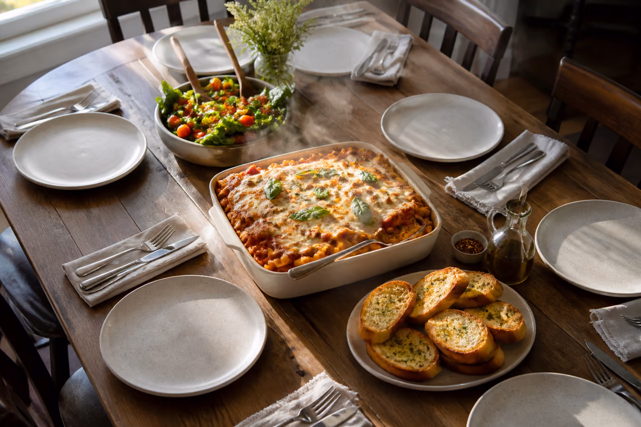 Baked Pasta and Salad Served on a Large Family Table