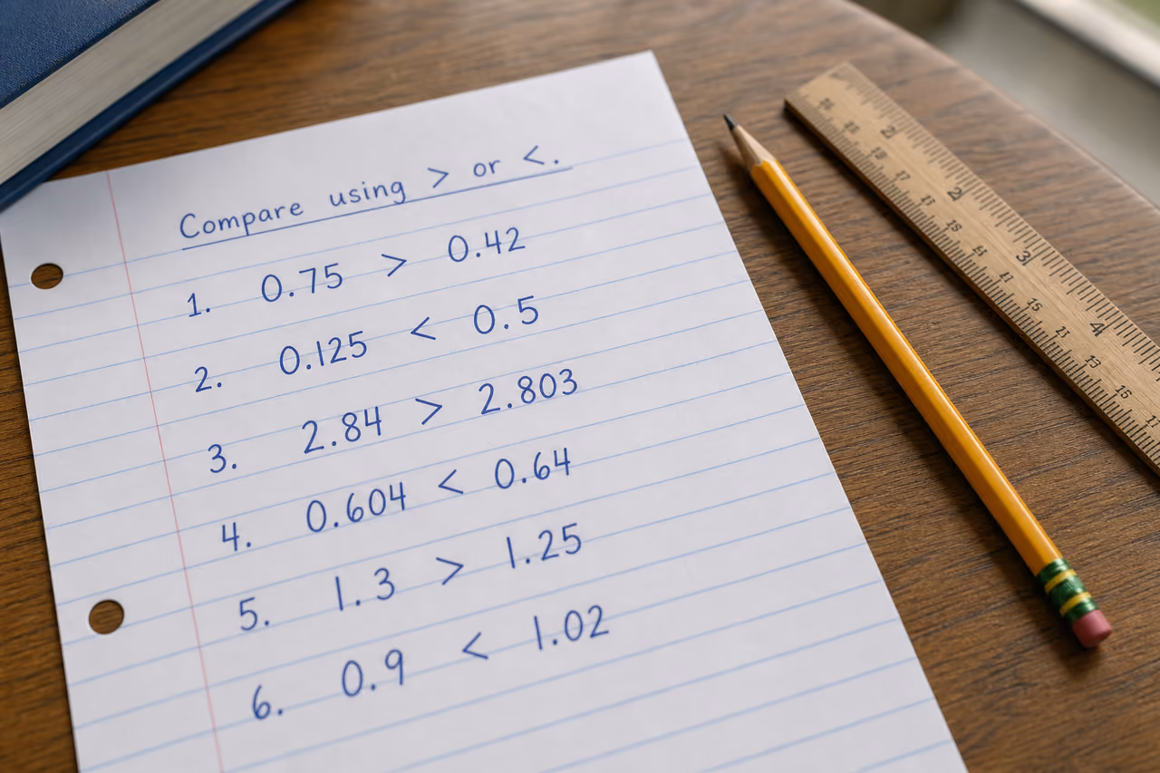 Handwritten Math Problems Comparing Greater or Less Than Decimals