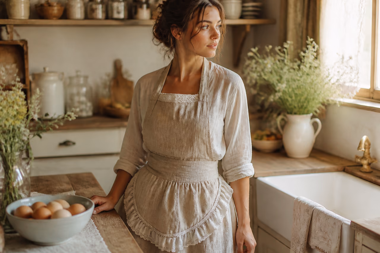 Woman Wearing a Vintage Linen Apron in a Rustic Kitchen