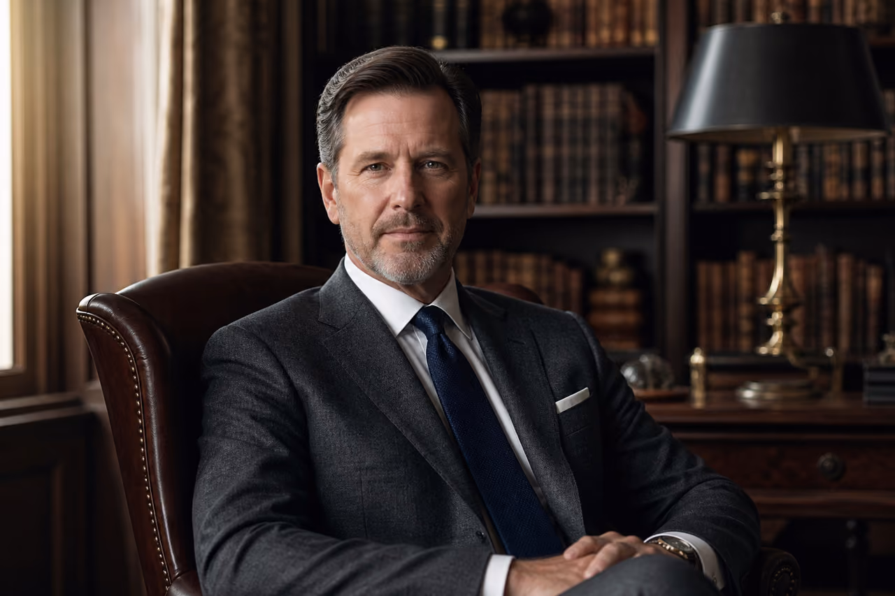 Distinguished Man in a Tailored Suit Within a Private Library