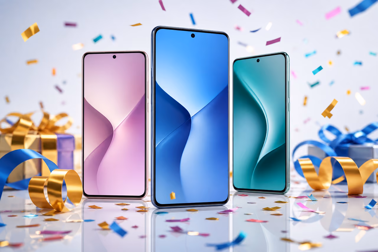 Modern Smartphones with Celebratory Confetti for a Prize Giveaway