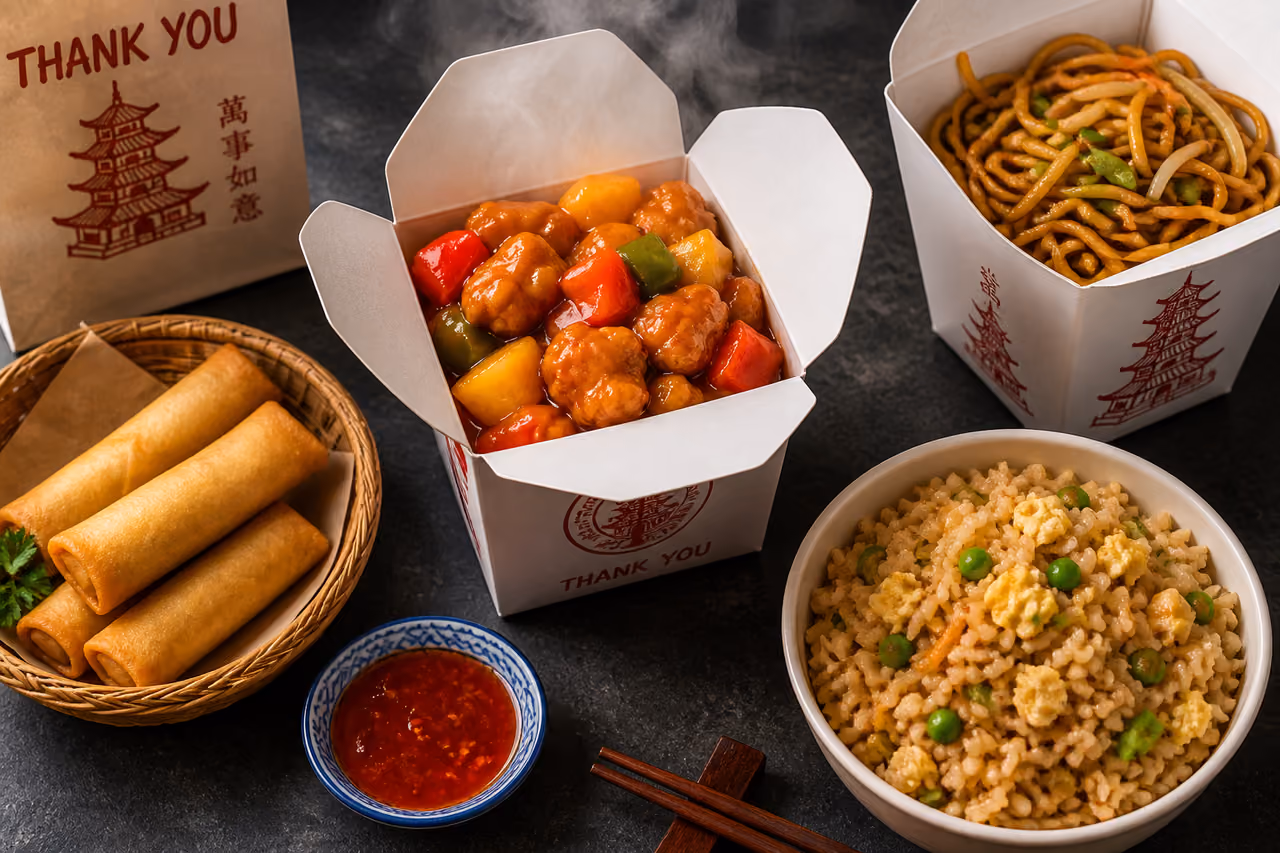 Fresh Stamford Chinese Food Takeout Spread with Noodles and Rice