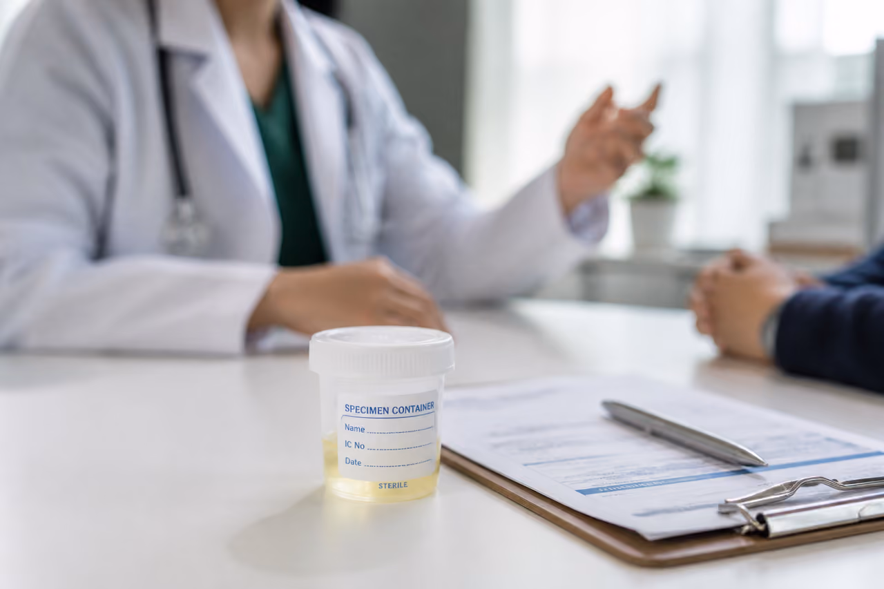 Medical Specimen Cup and Paperwork on Clinic Desk
