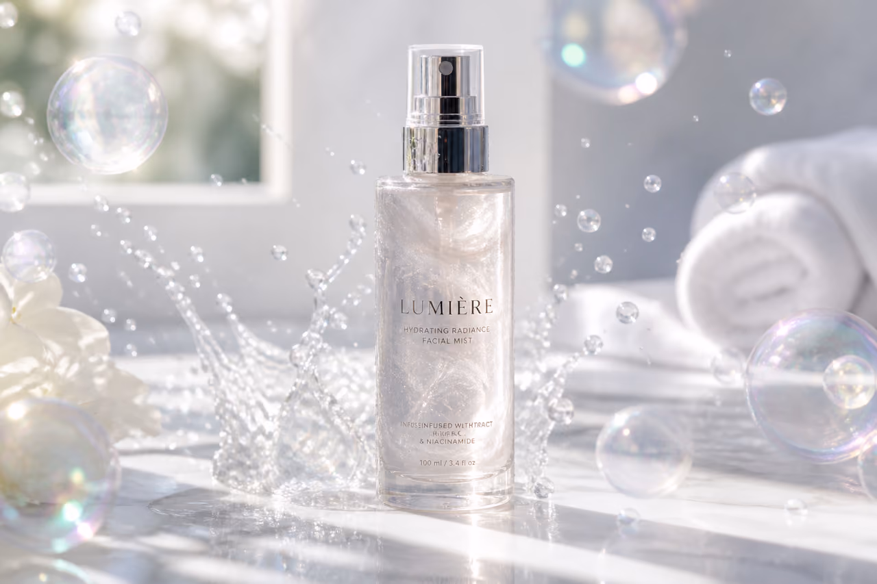 Luminous Facial Glow Mist Bottle on White Marble Surface