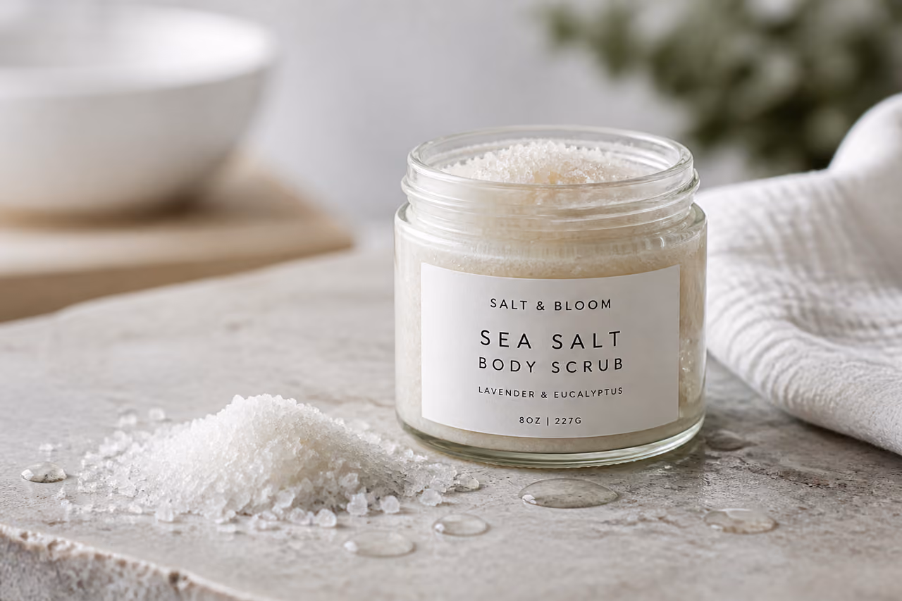 Sea Salt Body Scrub in Glass Jar on Stone Slab
