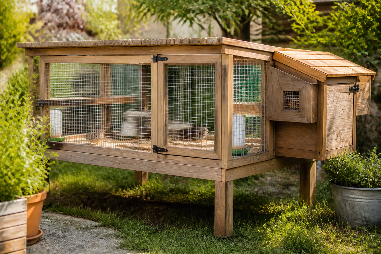 Custom Wooden Quail Run Shelter Island in a Garden