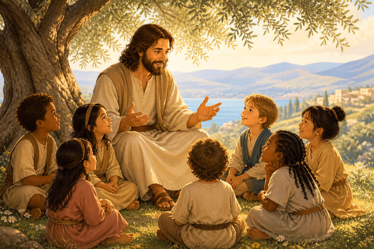 Jesus Teaching a Group of Children Under an Olive Tree