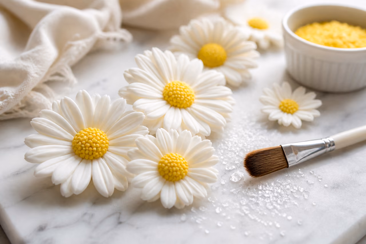 Handcrafted Daisy Sugar Flowers on a White Marble Surface