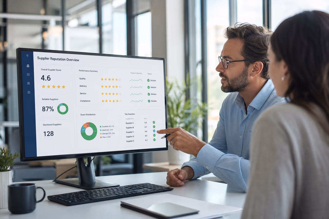 Procurement Manager Reviewing Supplier Reputation on Digital Dashboard