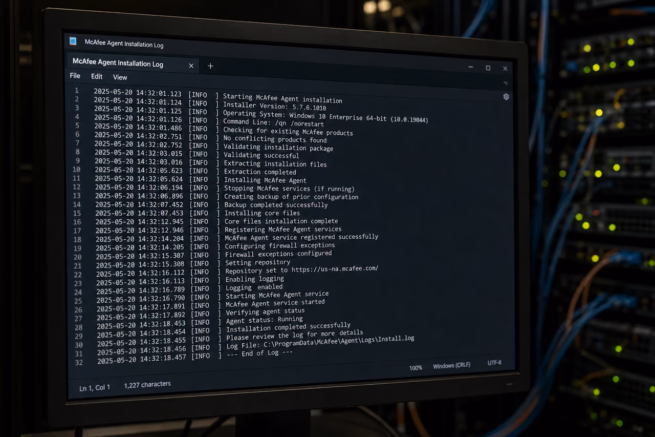 System Administrator Reviewing Mcafee Agent Install Log on Monitor