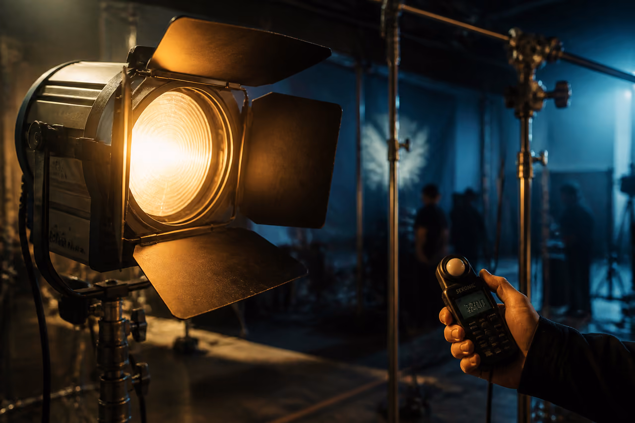 Professional Fresnel Lamp Demonstrating Tungsten Light Temperature on Film Set
