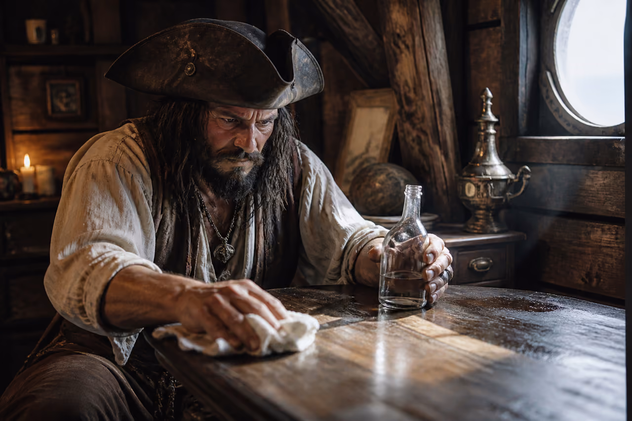 Pirate Captain Scrubbing Wooden Table in Ship Cabin