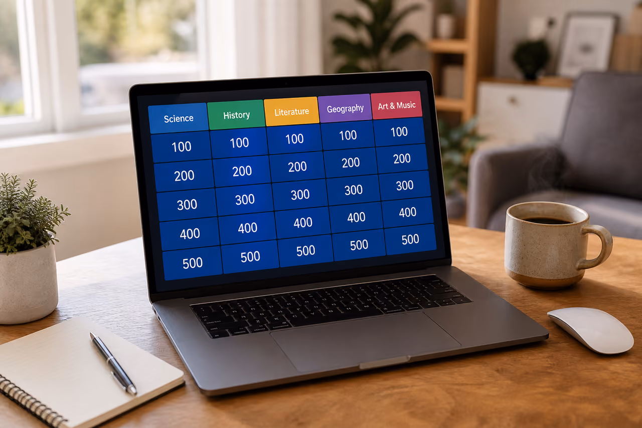 Laptop Displaying an Interactive Quiz Template on a Desk
