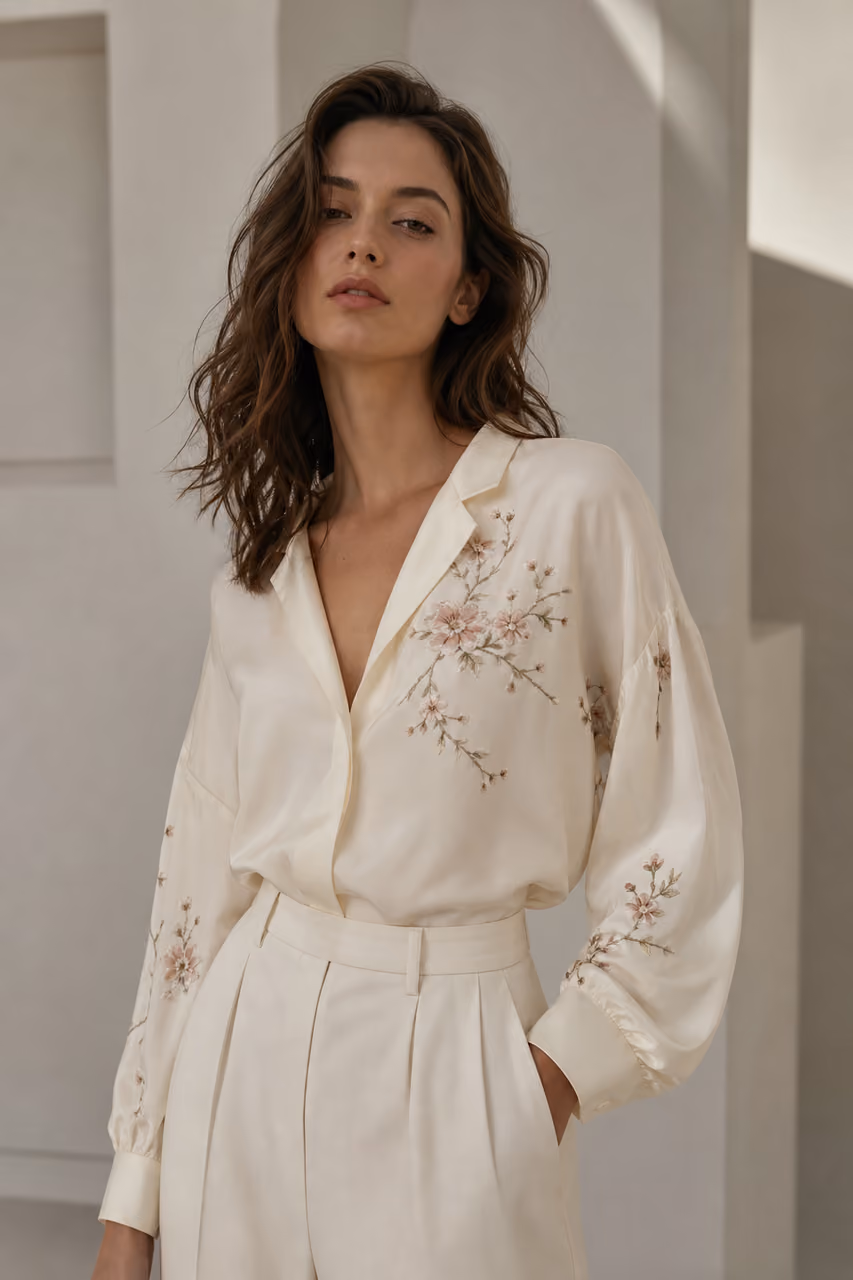 Woman Wearing Elegant Sheer Embroidered Blouse in Studio