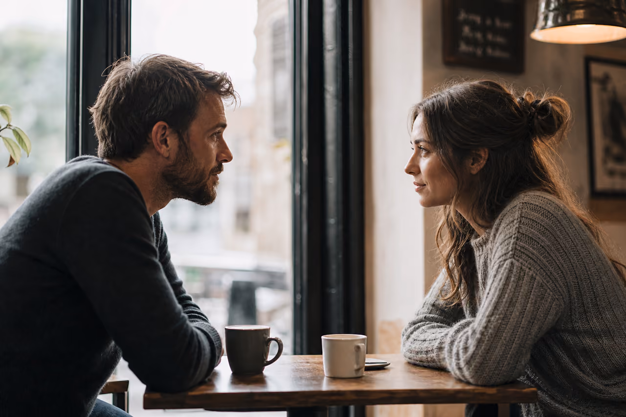 Couple Having a Serious Conversation at a Cafe