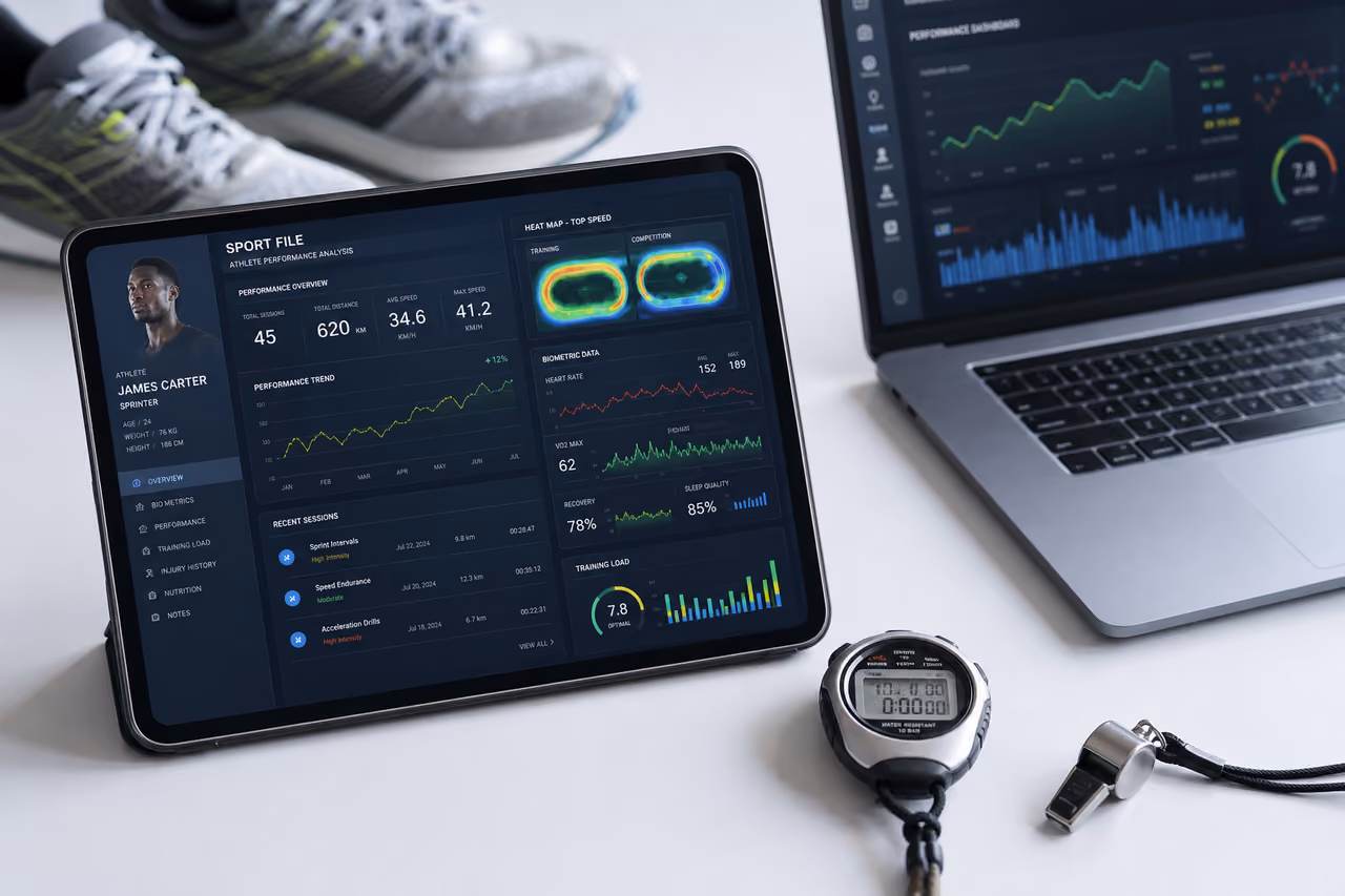 Digital Sport File with Performance Analytics on Tablet and Laptop