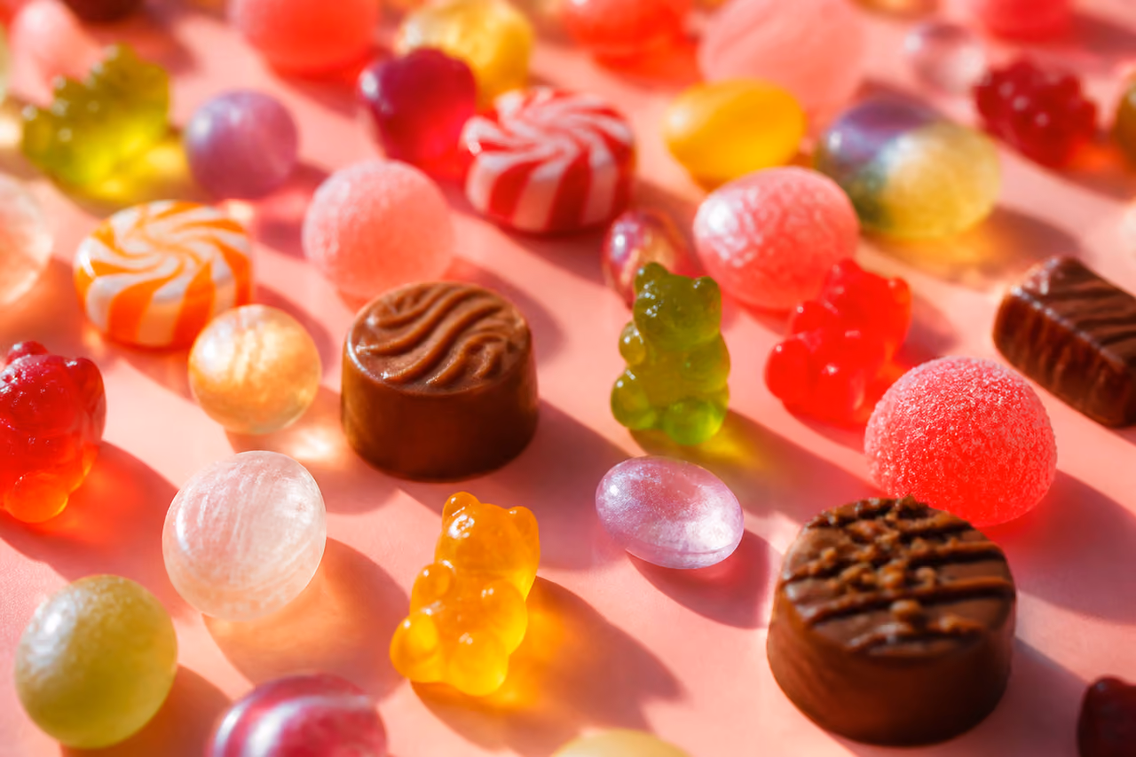 Assorted Colorful Gourmet Candies Scattered on Pastel Surface