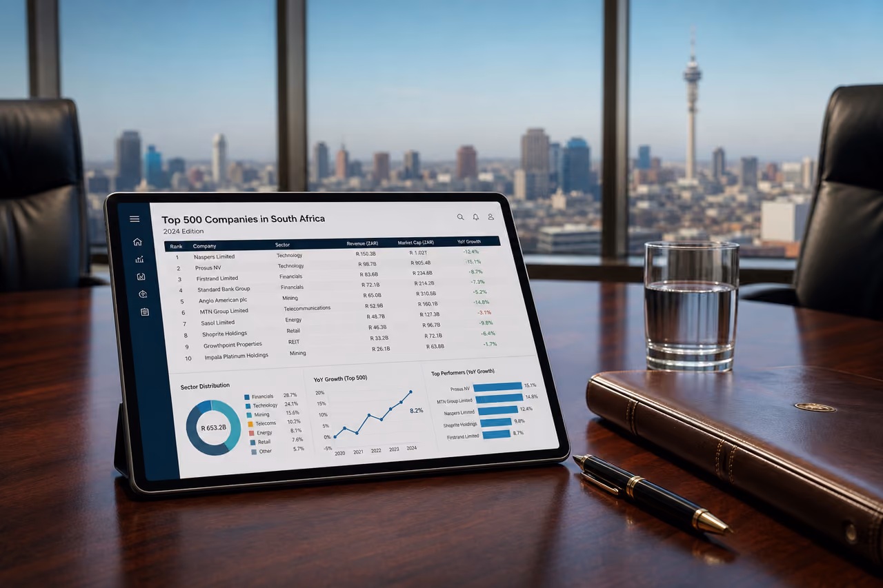Digital List of Top 500 Companies in South Africa on Tablet
