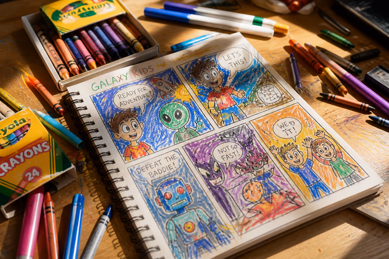 Child's Hand Drawn Comic Book and Crayons on Wooden Desk