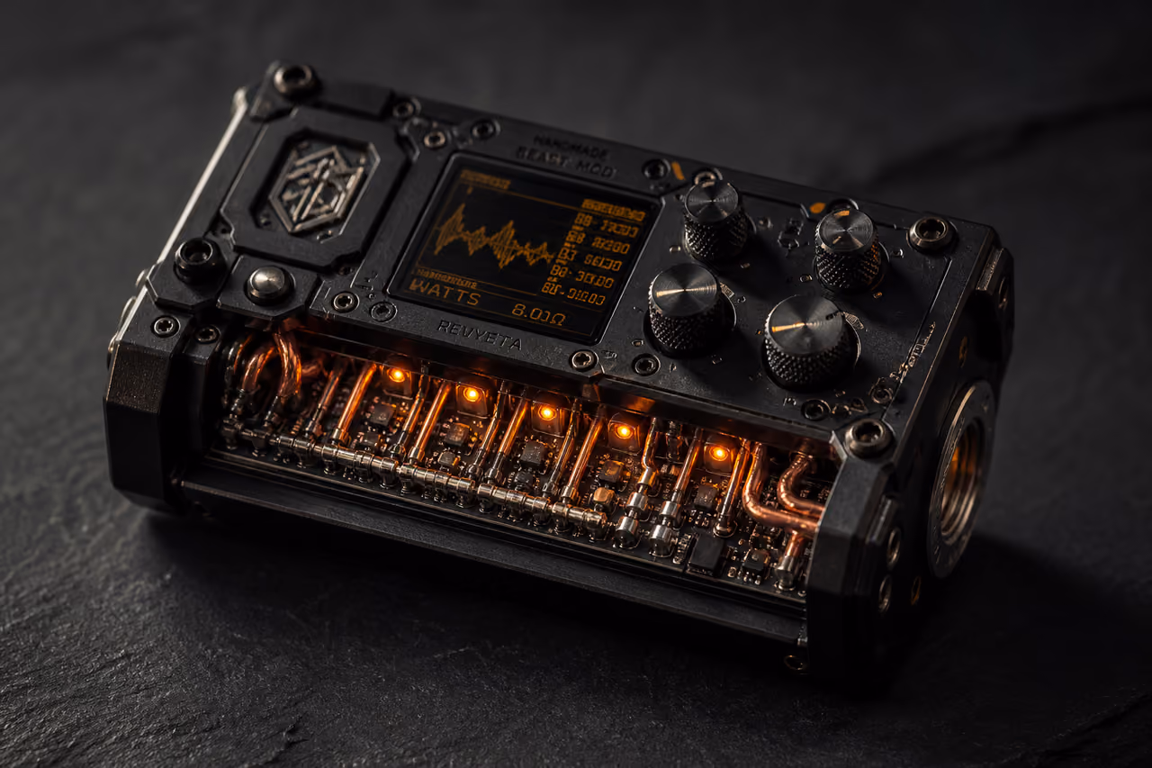 Custom Industrial Beast Box Mod on Dark Slate Surface