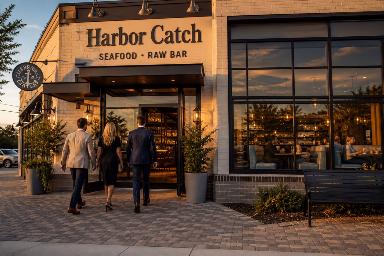 Exterior of a Modern Seafood Restaurant at Sunset