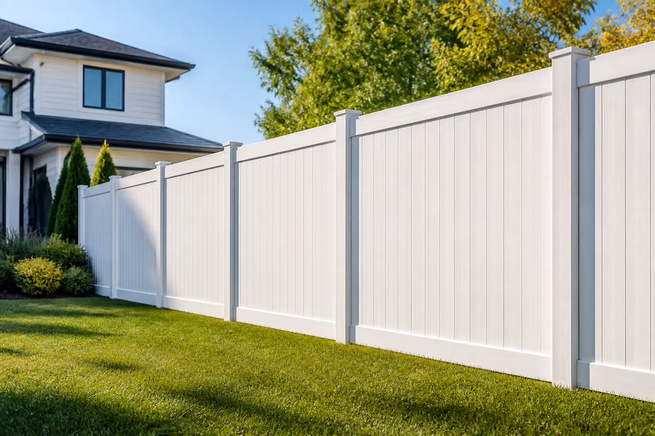White 7 Foot Tall Vinyl Privacy Fence in Suburban Backyard
