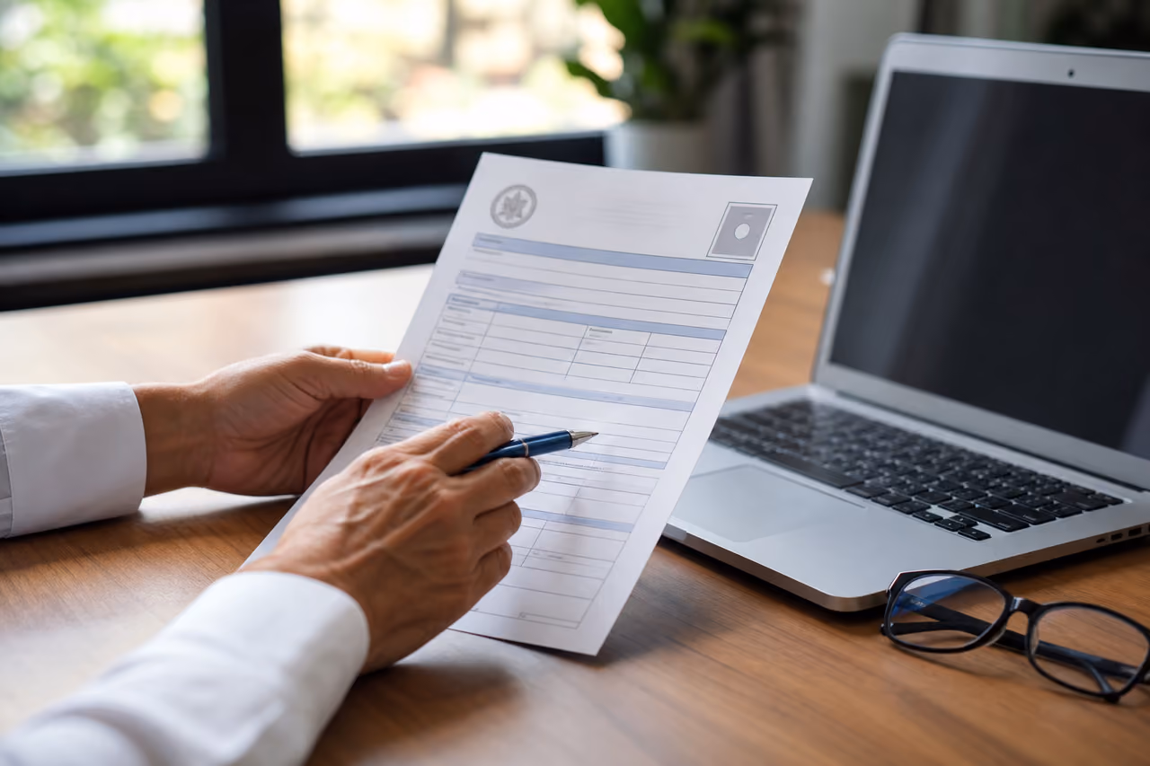Person Filling Out Official Government Application Form on Desk
