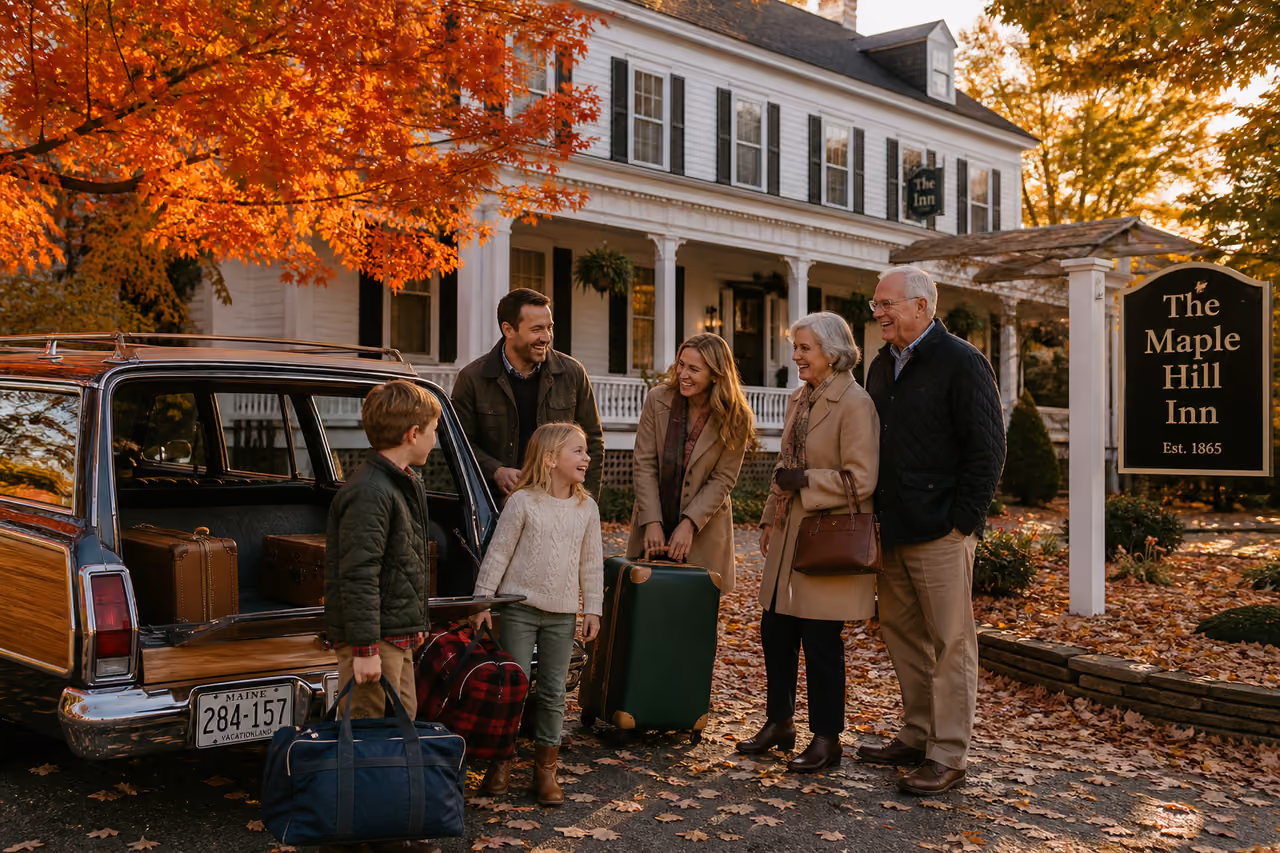 Multi-Generational Family Arriving at a Colonial New England Hotel