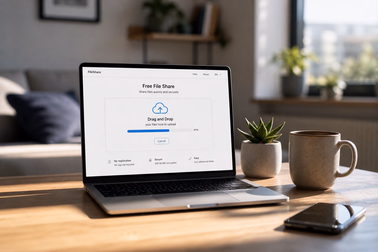 Laptop Displaying Free File Share Upload Interface on Office Desk