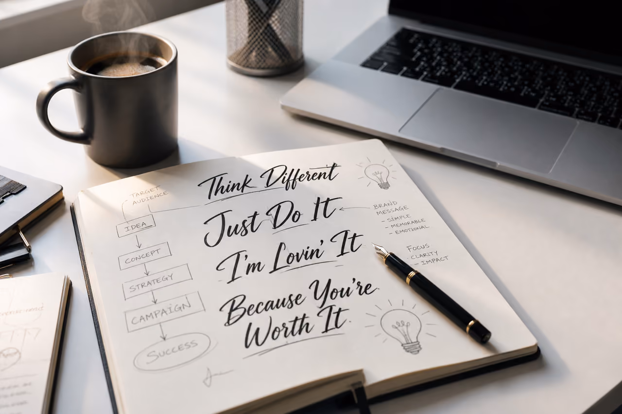 Copywriter Writing Famous Ad Lines in a Notebook