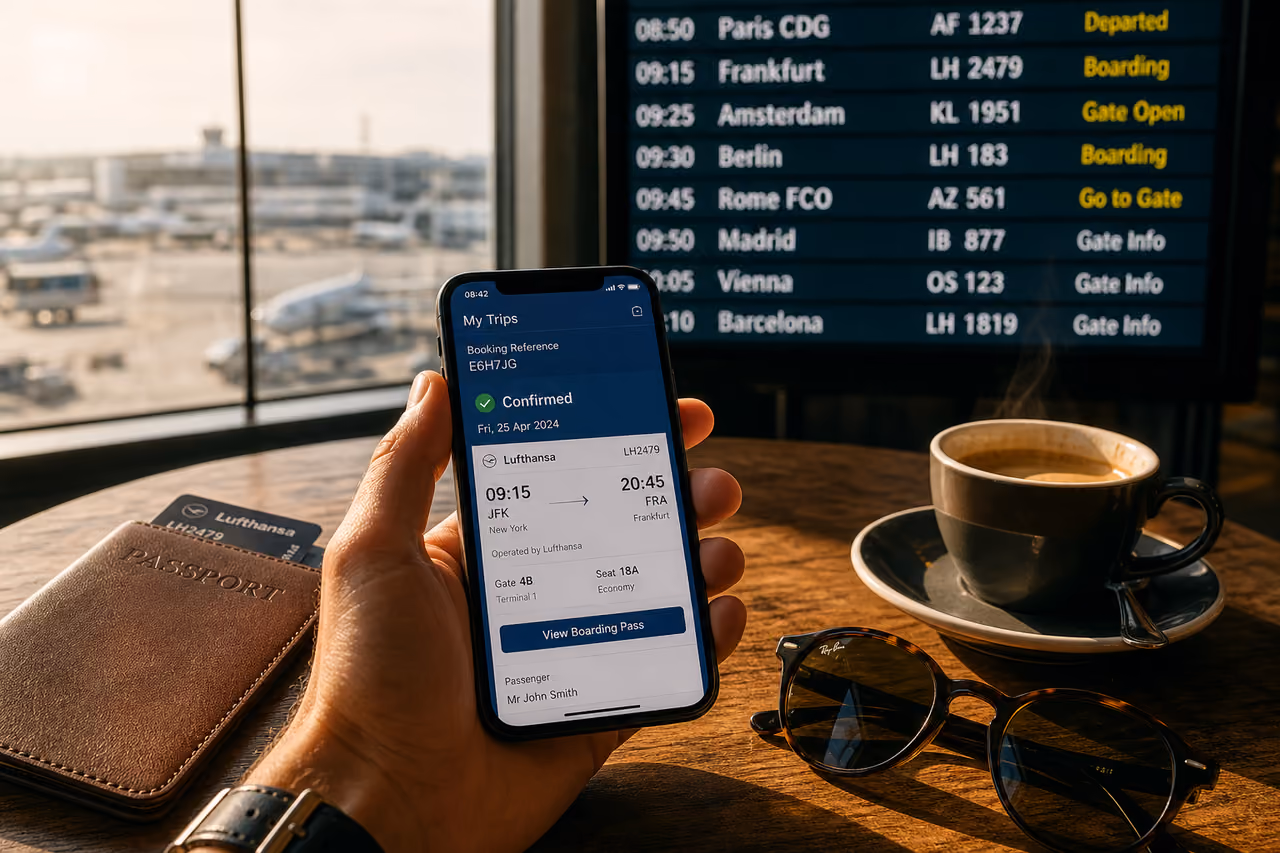Traveler Holding Smartphone with Confirmed Flight to Europe