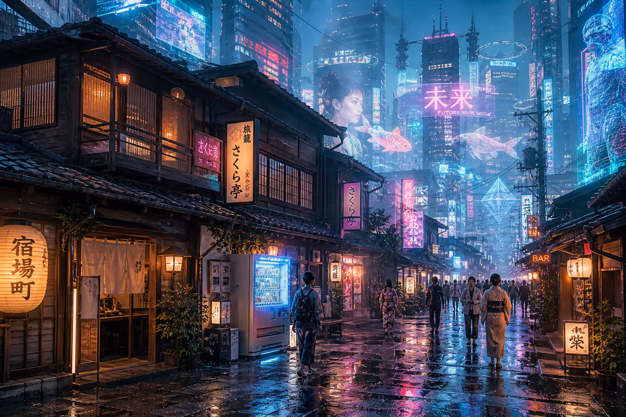 Futuristic Tokyo Street Blending Traditional and Modern Architecture