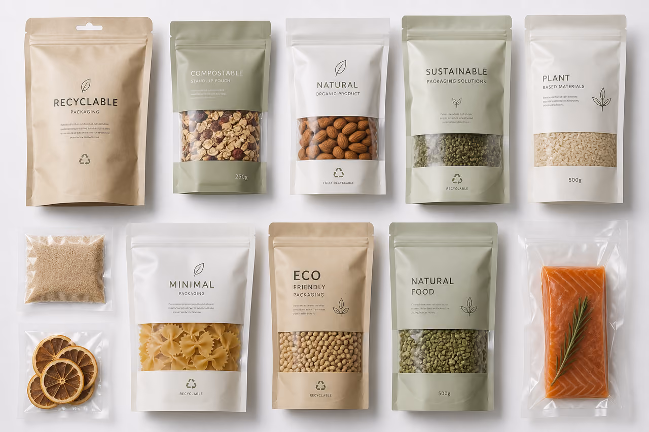 Sustainable Flexible Packaging Samples on a White Studio Background