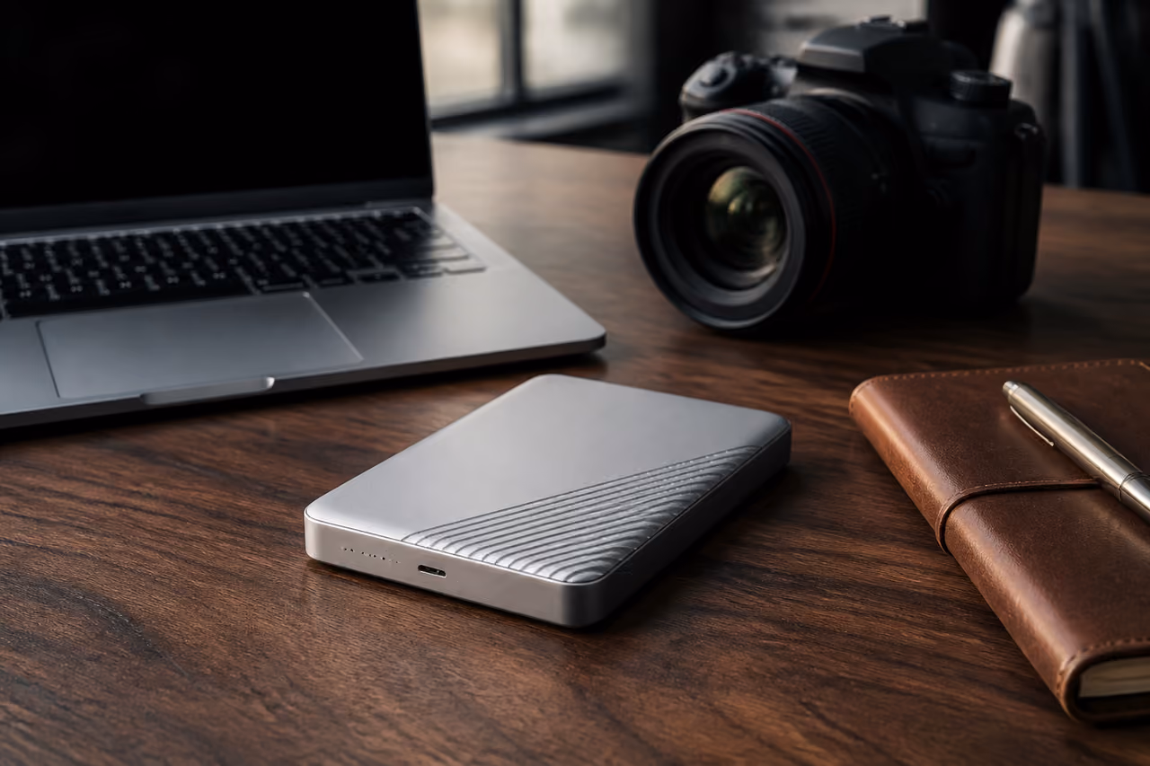 Wireless Portable External Drive on a Professional Wooden Desk