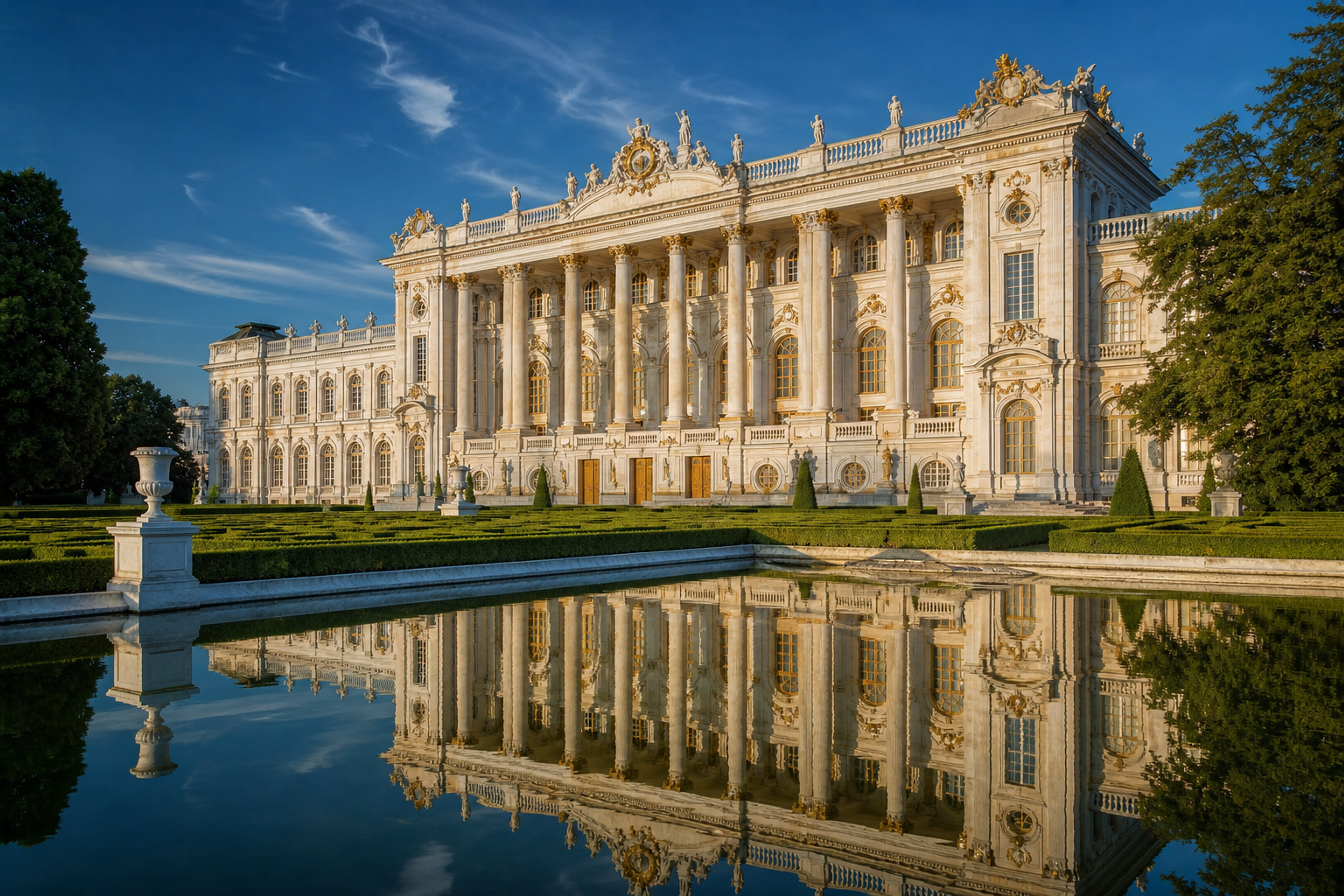 Grand Neoclassical Palast with Formal Gardens and Reflecting Pool