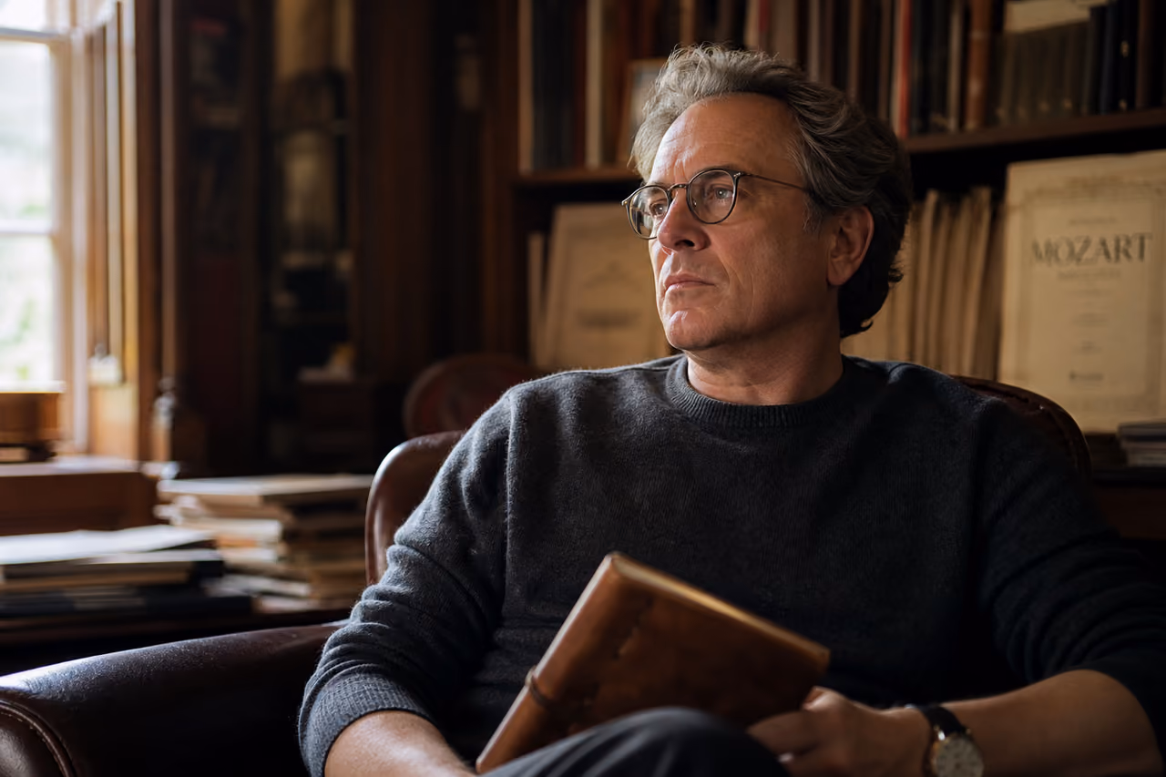 Mature Man Reflecting in a Home Library with Music Scores