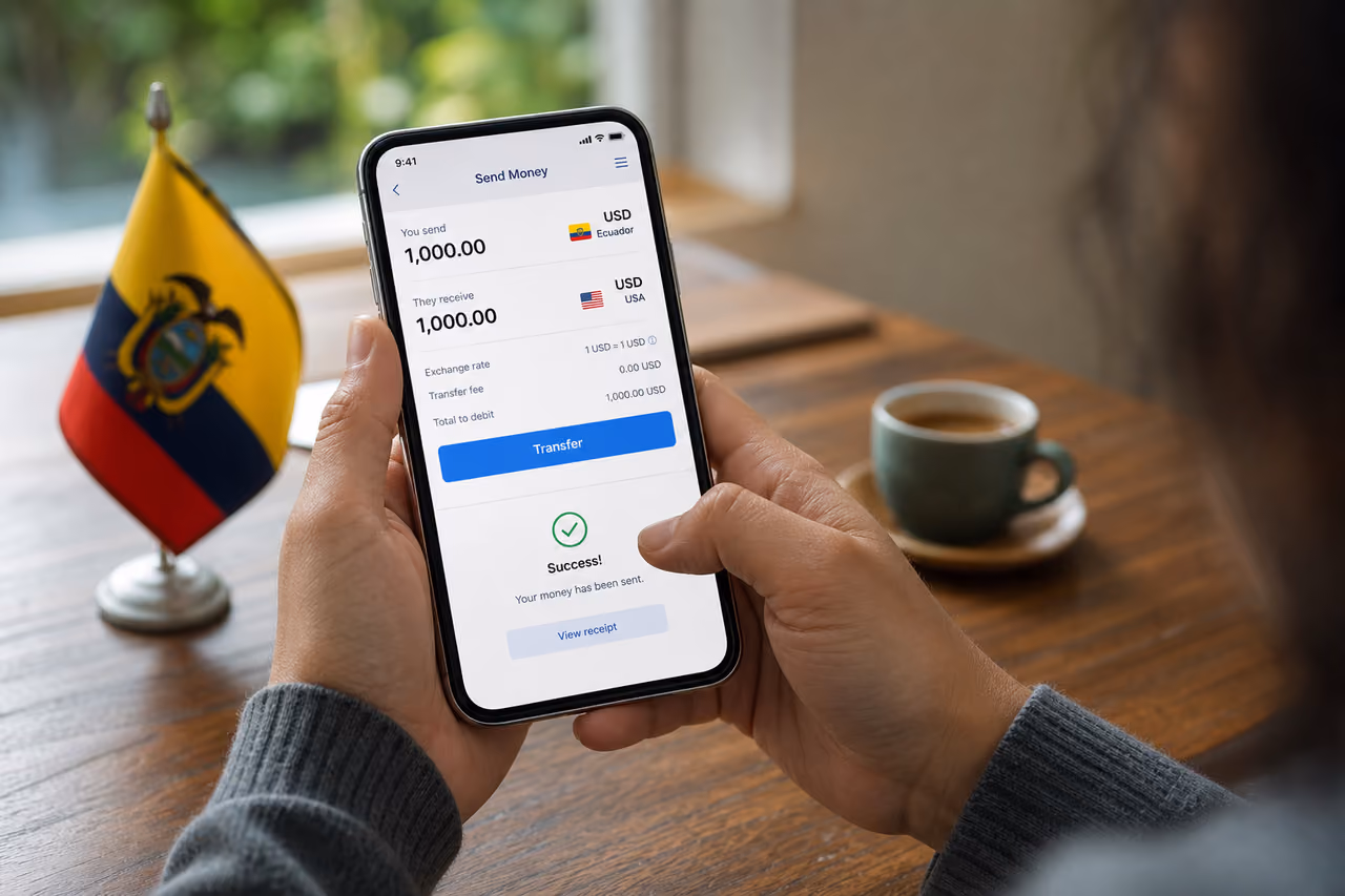Person Using Smartphone to Send Money from Ecuador to USA