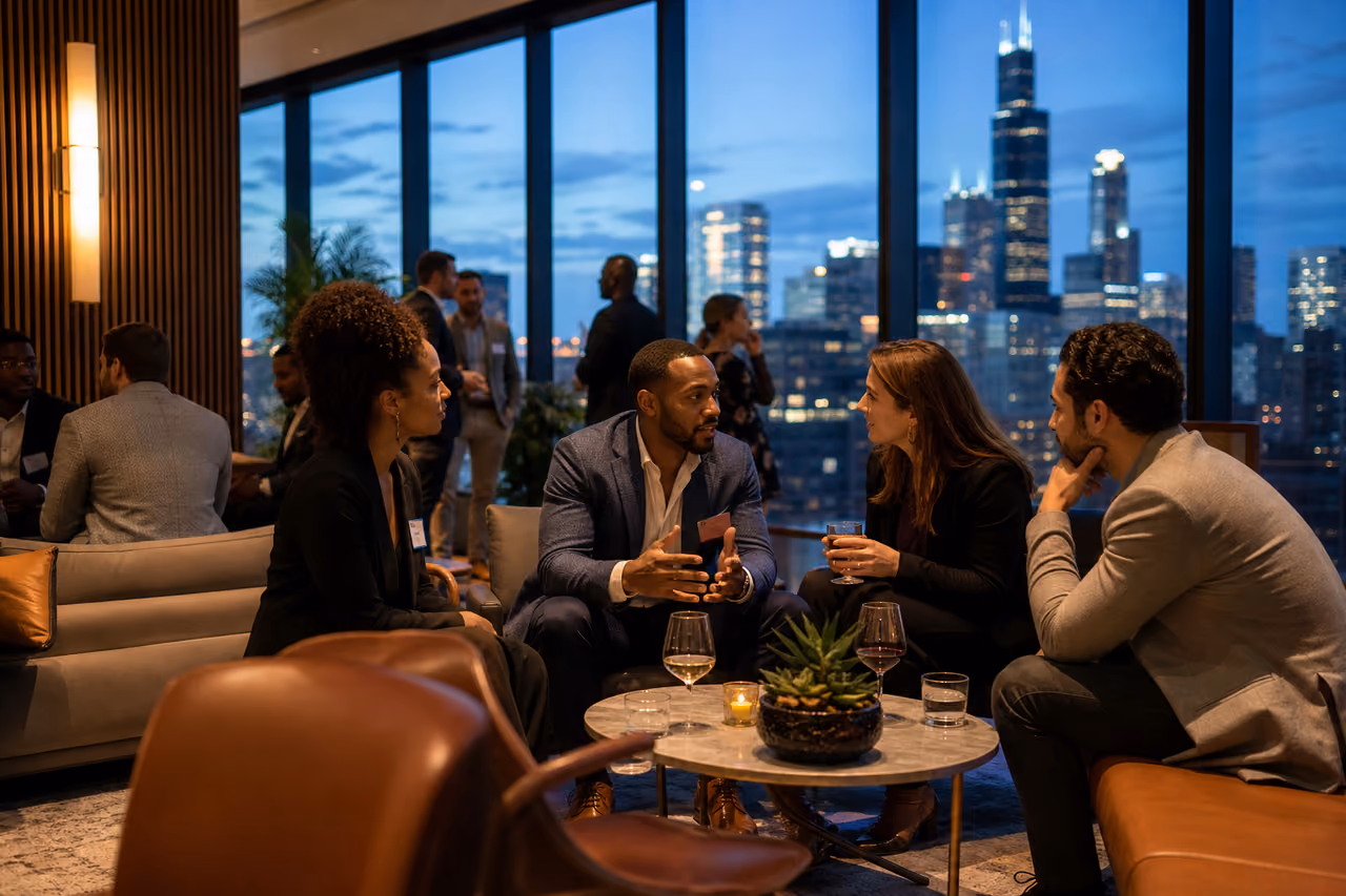 Business Professionals Networking in a Luxury Chicago Lounge