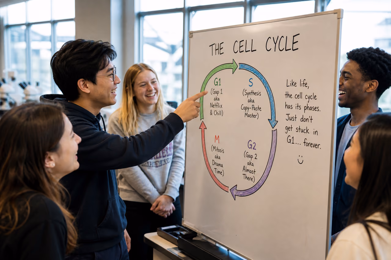 Biology Students Laughing at Cell Cycle Jokes in Laboratory