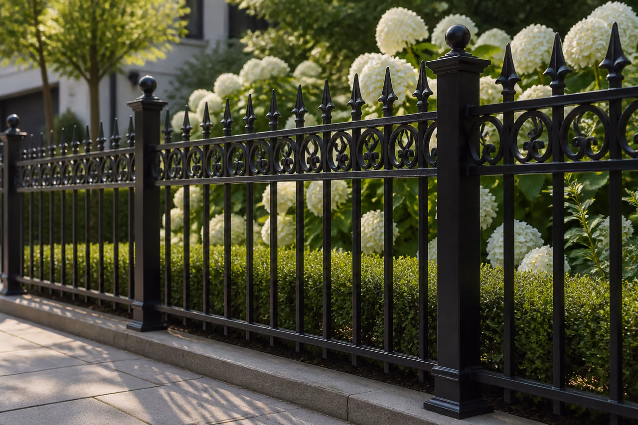 Wrought Iron Fence Along a Manicured Garden Walkway