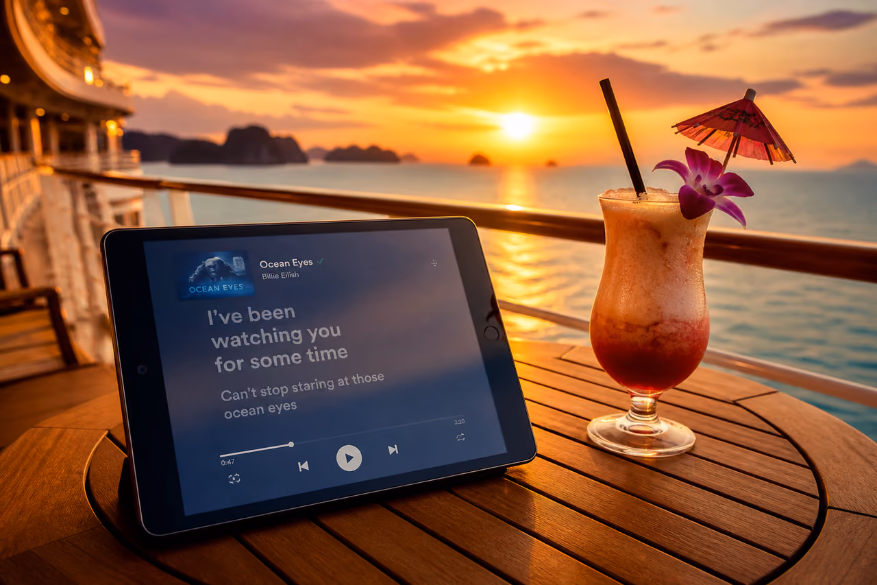 Tablet Displaying Song Lyrics on a Luxury Asia Cruise Deck