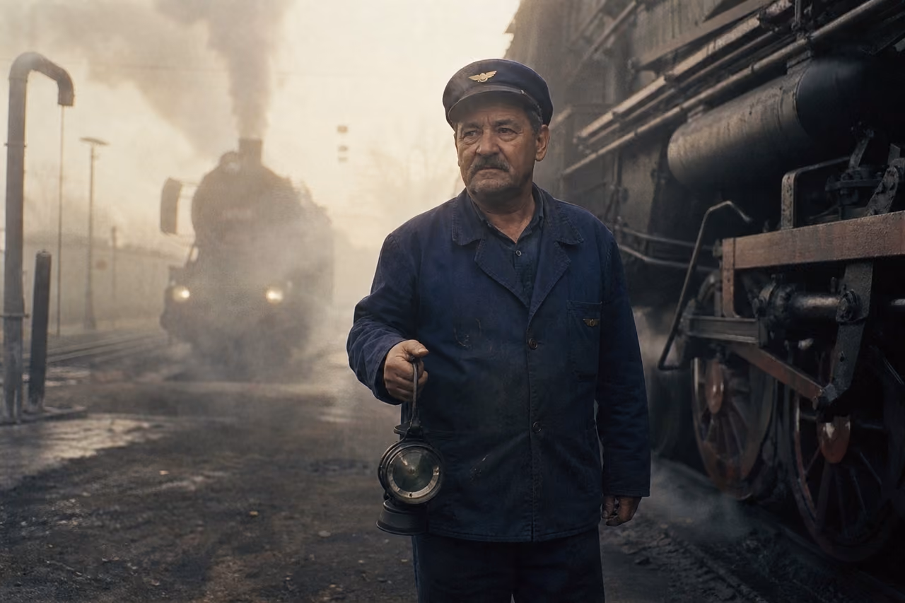 Czech Railway Worker Standing Beside Vintage Steam Locomotive